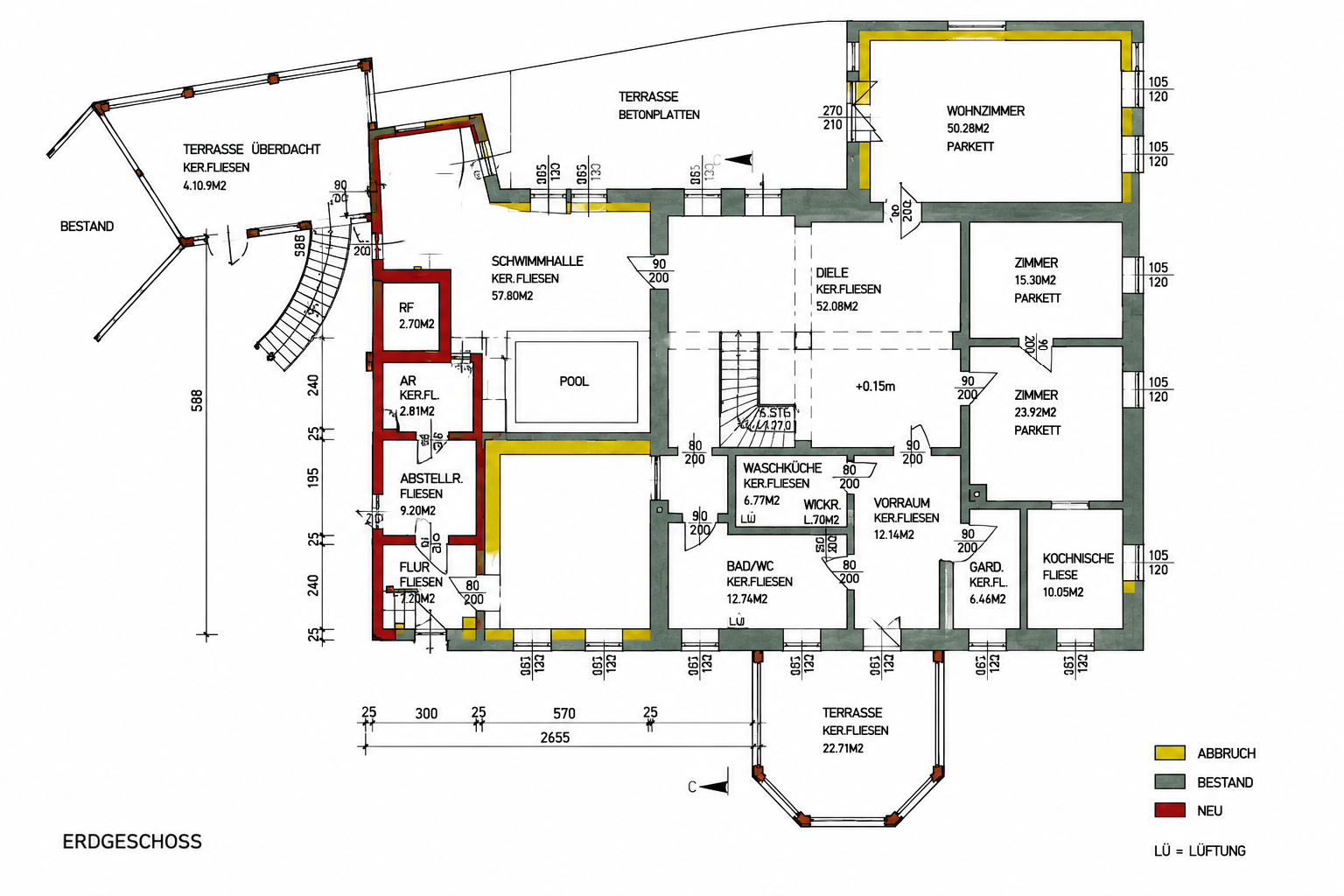 Grundriss Erdgeschoss des historischen Anwesens im Weinviertel mit Schwimmhalle, Diele, Wohnzimmer, Zimmern und Terrassen