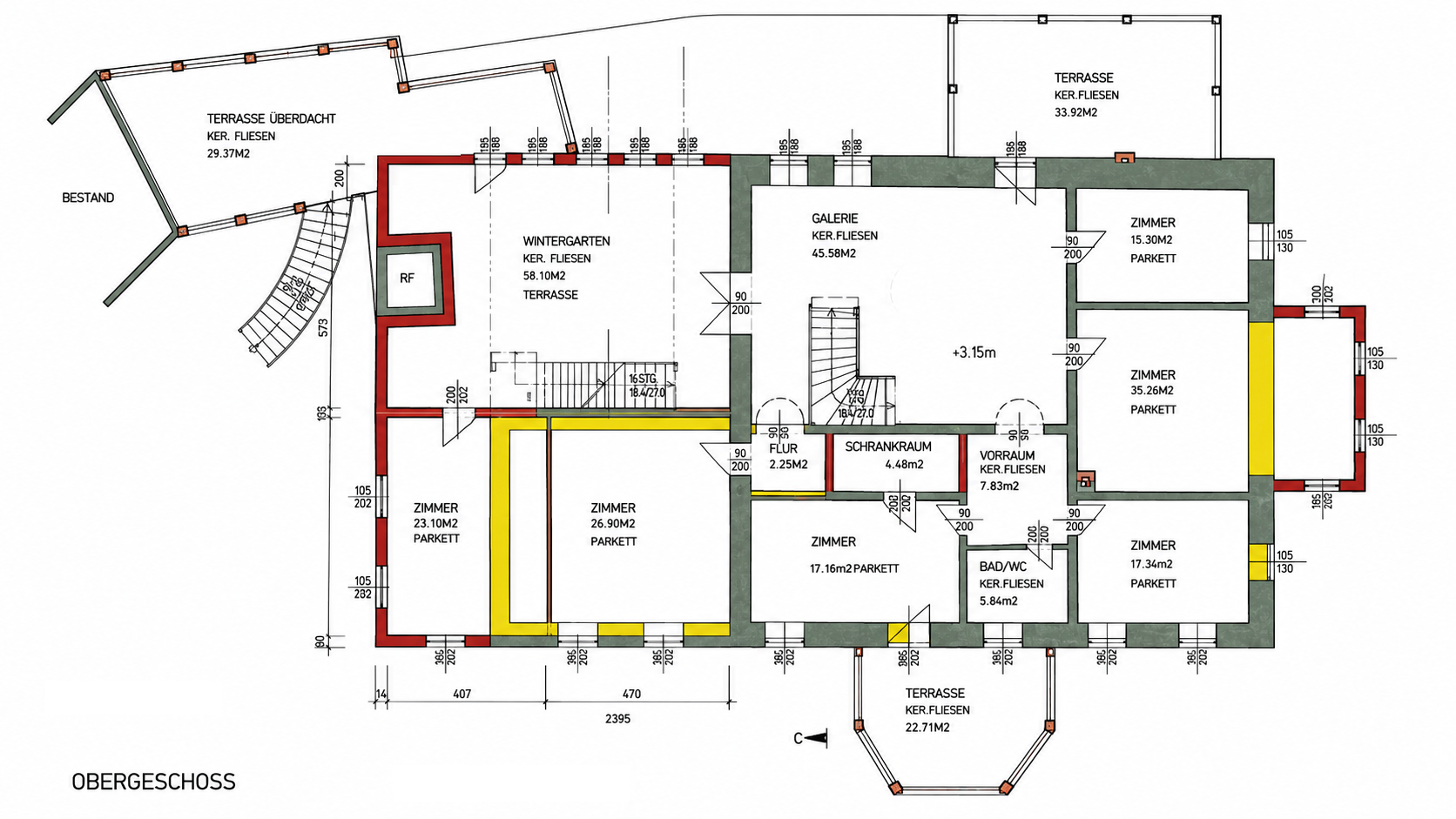 Grundriss Obergeschoss des historischen Anwesens im Weinviertel mit Wintergarten, Galerie, Zimmern und mehreren Terrassen